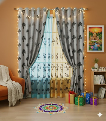 TWOLOVER 213 cm (7 ft) Long Door Cotton Blackout Curtain Single Curtain(Blue, Printed)