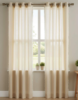 UBH 153 cm (5 ft) Window Blends Semi Transparent Curtain (Pack Of 2)(Pure Linen sheer with pom pom lace, Solid)