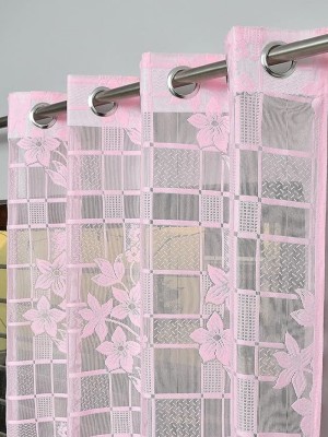 PICTAS 275 cm (9 ft) Net Semi Transparent Long Door Curtain Single Curtain(Floral, Pink)
