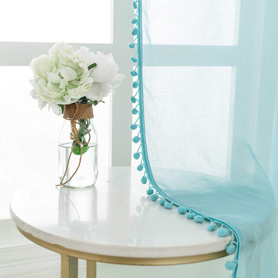 Urban Space 243 cm (8 ft) Long Door Polyester Semi Transparent Curtain (Pack Of 2)(Aqua Blue with pom pom, Solid)