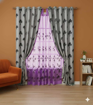 TWOLOVER 213 cm (7 ft) Long Door Cotton Blackout Curtain Single Curtain(Grey, Printed)