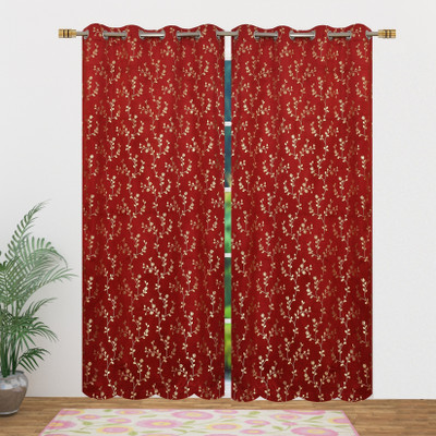 VELOURA 152.4 cm (5 ft) Window Velvet Room Darkening Curtain (Pack Of 2)(Maroon, Floral)