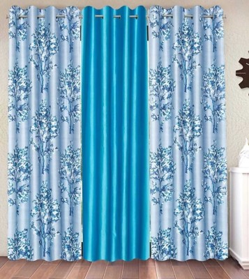 Home Tex 213 cm (7 ft) Polyester Semi Transparent Door Curtain (Pack Of 3)(Floral, Blue)