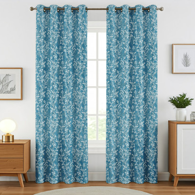 Homefab India 213.36 cm (7 ft) Door Polyester Room Darkening Curtain (Pack Of 2)(Blue,White, Floral)