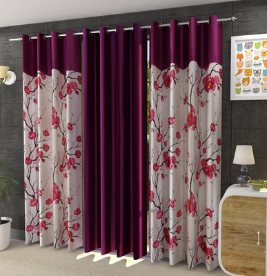 Galaxy Home Decor 182 cm (6 ft) Shower Polyester Semi Transparent Curtain (Pack Of 3)(Wine, Printed)