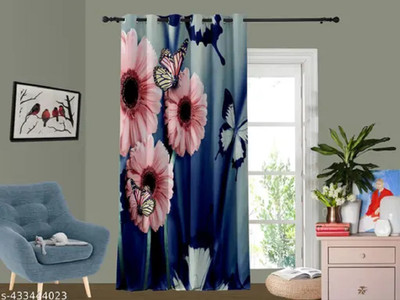 IDV 214 cm (7 ft) Door Polyester Room Darkening Curtain Single Curtain(Blue, Floral)