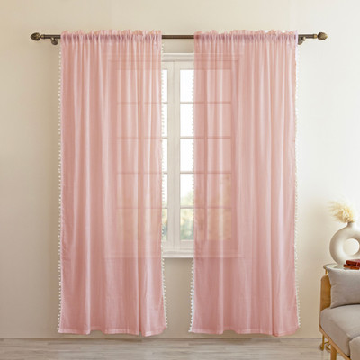 HOMEMONDE 274.32 cm (9 ft) Door Cotton Transparent Curtain (Pack Of 2)(Baby Pink Border Pompom, Self Design)