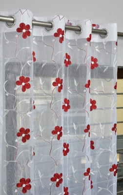 BANAVY 154 cm (5 ft) Window Tissue, Net Semi Transparent Curtain (Pack Of 2)(Maroon, Embroidered)