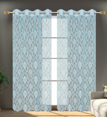 Frizty 152 cm (5 ft) Net Semi Transparent Window Curtain (Pack Of 2)(Floral, kalash-Net-Aqua)