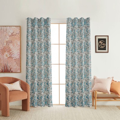 RED RIBBON DECOR 274.32 cm (9 ft) Polyester Room Darkening Long Door Curtain (Pack Of 2)(Floral, Aqua)