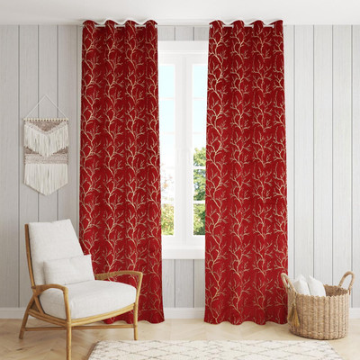 Decorfy 213 cm (7 ft) Door Velvet Room Darkening Curtain (Pack Of 2)(Maroon, Floral)