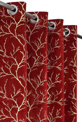 Decorfy 152 cm (5 ft) Window Velvet Room Darkening Curtain Single Curtain(Maroon, Floral)