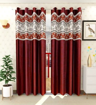 Mee Pra 214 cm (7 ft) Polyester Room Darkening Door Curtain (Pack Of 2)(Floral, Maroon)