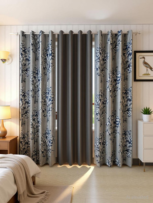 Panipat Textile Hub 214 cm (7 ft) Door Polyester Semi Transparent Curtain (Pack Of 3)(Grey, Floral)