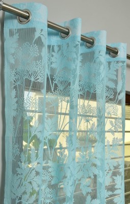 HHF DECOR 213 cm (7 ft) Polyester Semi Transparent Door Curtain Single Curtain(Floral, Light Aqua)