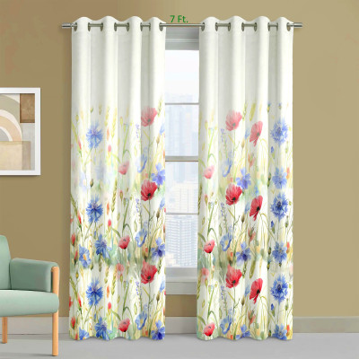 A CUBE LUXURY SOLUTIONS 213 cm (7 ft) Door Polyester Room Darkening Curtain (Pack Of 2)(Off-White, Blue, Floral)