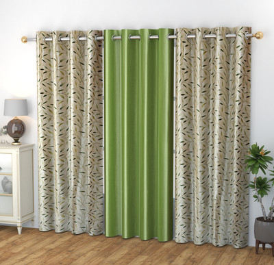 Galaxy Home Decor 274 cm (9 ft) Long Door Polyester Semi Transparent Curtain (Pack Of 3)(Green, Printed)