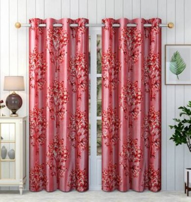 HHH FAB 213 cm (7 ft) Polyester Semi Transparent Long Door Curtain (Pack Of 2)(Floral, Maroon)