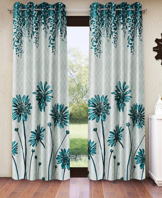 Home Sizzler 153 cm (5 ft) Polyester Semi Transparent Window Curtain (Pack Of 2)(Floral, Turquoise Green)