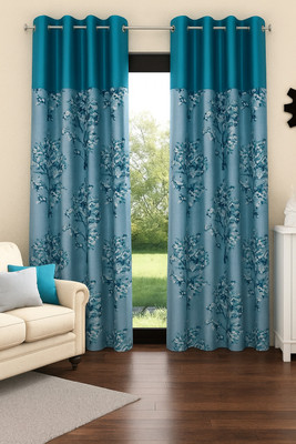 JUPON 274 cm (9 ft) Long Door Polyester Semi Transparent Curtain (Pack Of 2)(Turquoise, Floral)