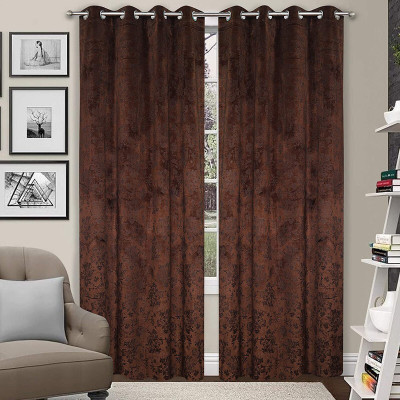 Kraftiq Homes 274 cm (9 ft) Long Door Velvet Room Darkening Curtain (Pack Of 2)(Brown, Floral)