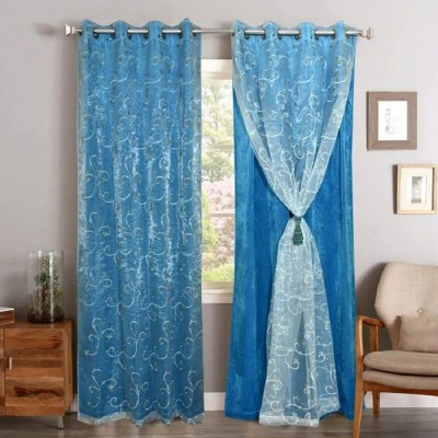 Dashing Fabrics 274.32 cm (9 ft) Velvet Blackout Long Door Curtain (Pack Of 2)(Embroidered, sky and bright blue)