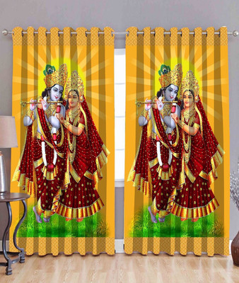 AH ARTSY HOME 214 cm (7 ft) Door Polyester Room Darkening Curtain (Pack Of 2)(Radha Krishna Yellow, Printed)