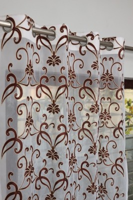 HHF DECOR 274 cm (9 ft) Tissue Semi Transparent Long Door Curtain Single Curtain(Floral, Coffee)