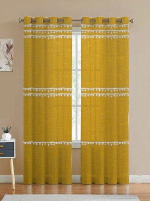 HOMEMONDE 213 cm (7 ft) Cotton Transparent Door Curtain (Pack Of 2)(Embroidered, Yellow Multi Pompom)