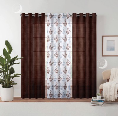 Lunar Days 213 cm (7 ft) Net Transparent Door Curtain (Pack Of 3)(Striped, Brown (2 Stripes 1 Florals))