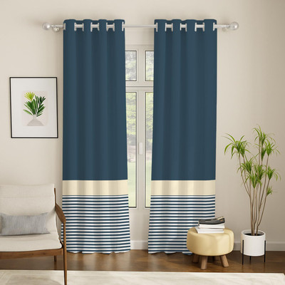 Urban Space 213 cm (7 ft) Door Cotton Blackout Curtain (Pack Of 2)(Blue, White, Printed)