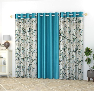 kiara Creations 213 cm (7 ft) Polyester Semi Transparent Door Curtain (Pack Of 3)(Printed, Aqua)