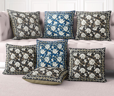 LoomJungle Polycotton Cushions Cover(Pack of 7, 40 cm*40 cm, Brown, Blue)