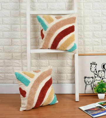 TINDLER KNOTS Cotton Cushions & Pillows Cover(Pack of 2, 40.6 cm*40.6 cm, Ivory, Light Blue, Red)
