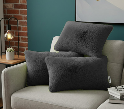 KNEFT Fur Cushions Cover(67 cm*40 cm, Pack of 3, Black)