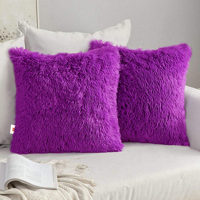 Wondershala Fur pillow Microfibre Solid Cushion Pack of 2(Purple)
