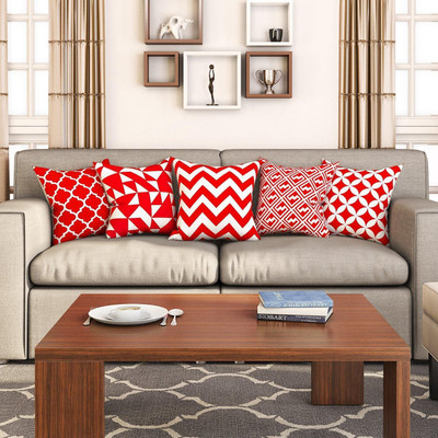 SEJ BY NISHA GUPTA Cotton Cushions Cover(Pack of 5, 41 cm*41 cm, Red, White)