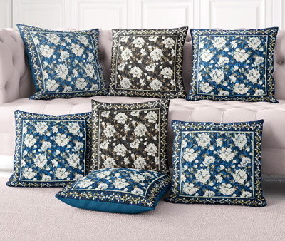 LoomJungle Polycotton Cushions Cover(Pack of 7, 40 cm*40 cm, Blue, Brown)