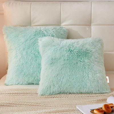 Cyuteenuts Fur Pillow Microfibre Solid Cushion Pack of 2(Aqua Green)