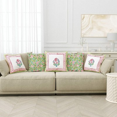 Blocks Of India Floral Cushions Cover(Pack of 5, 40 cm*40 cm, Pink)