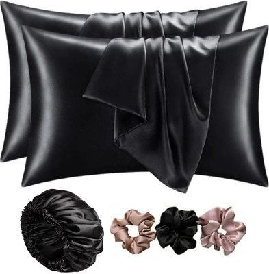 Wesofy Satin, Silk Pillows Cover(Pack of 5, 18 cm*28 cm, Black)