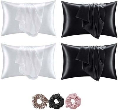 Wesofy Satin Pillows Cover(Pack of 4, 28 cm*18 cm, Black, White)