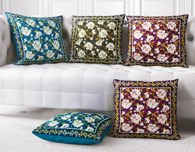 LoomJungle Polycotton Cushions Cover(Pack of 5, 40 cm*40 cm, Blue, Purple, Brown)