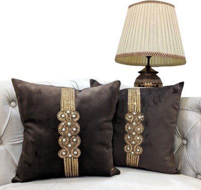 GOOD VIBES Embroidered Cushions & Pillows Cover(Pack of 2, 40 cm*40 cm, Brown, Gold)