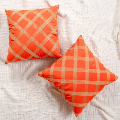 FINGERCRAFT Polyester Cushions Cover(40 cm*40 cm, Pack of 2, Orange, Yellow)