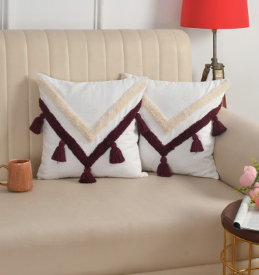M2Creations Cotton Cushions & Pillows Cover(40 cm*40 cm, Pack of 2, Maroon, Cream)