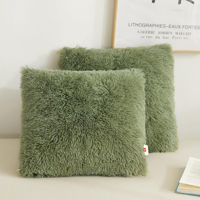 Wondershala Fur, Faux Silk, Microfiber Cushions Cover(40 cm*40 cm, Pack of 2, Dark Green)