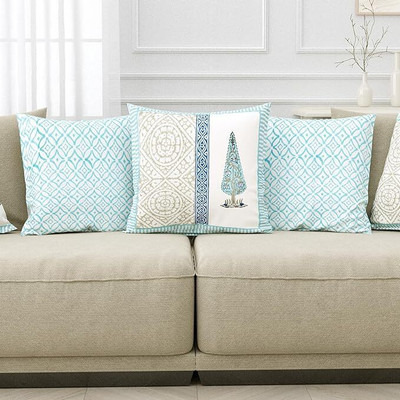 Blocks Of India Cotton Cushions Cover(40 cm*40 cm, Pack of 5, Blue, Grey)