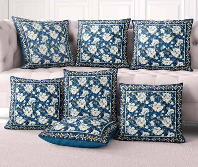 LoomJungle Polycotton Cushions Cover(40 cm*40 cm, Pack of 7, Blue)