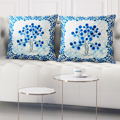 LoomJungle Polycotton Cushions Cover(40 cm*40 cm, Pack of 2, Blue, Cream)